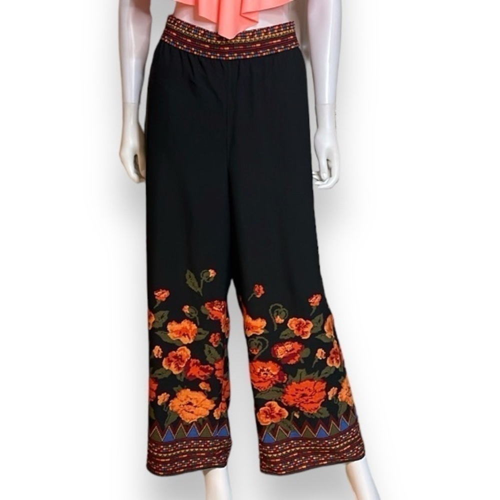 Rachel Zoe Black Wide Leg Pants with Orange Floral Faux Embroidery